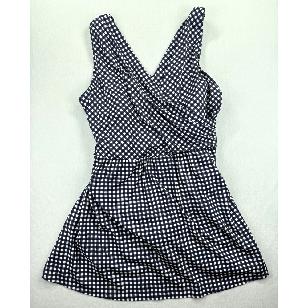 Draper James Lands' End 22W Navy White Gingham Faux Wrap Swim Dress One Piece